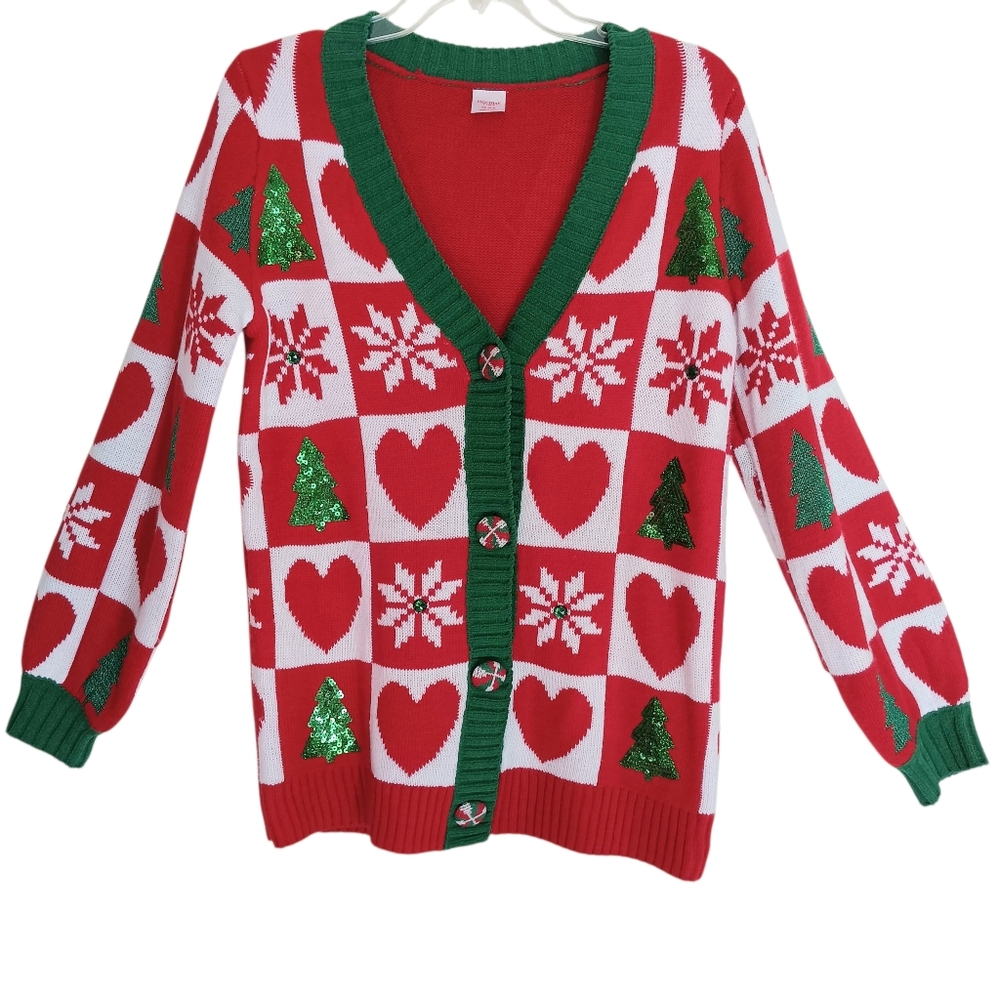 Holiday Time Cardigan Christmas Sweater Size XS (Fits like a M) Sequin Trees‎